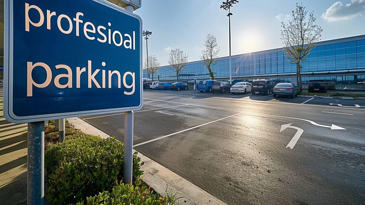 Parking sécurisé près d’un terminal d’aéroport avec véhicules de société et signalétique de stationnement