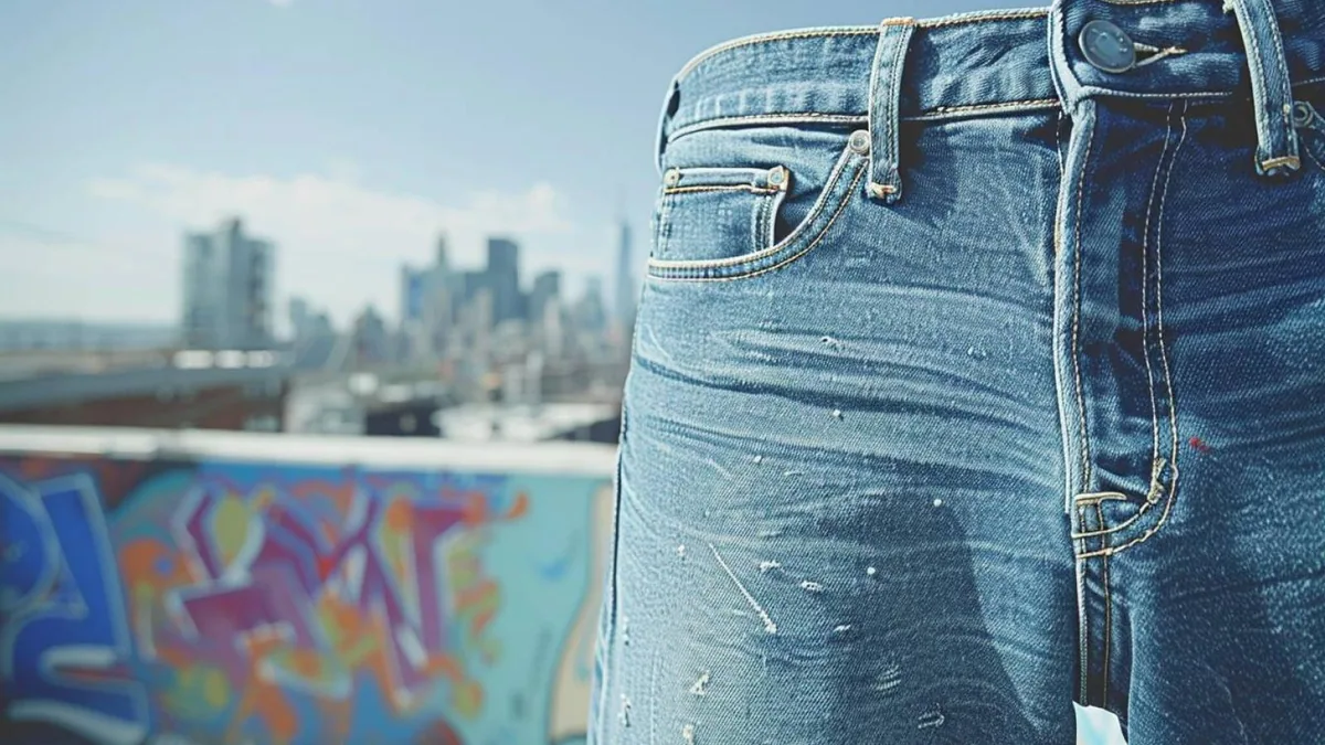 Gros plan sur un jean brut indigo avec revers révélant une lisière selvedge et texture du denim